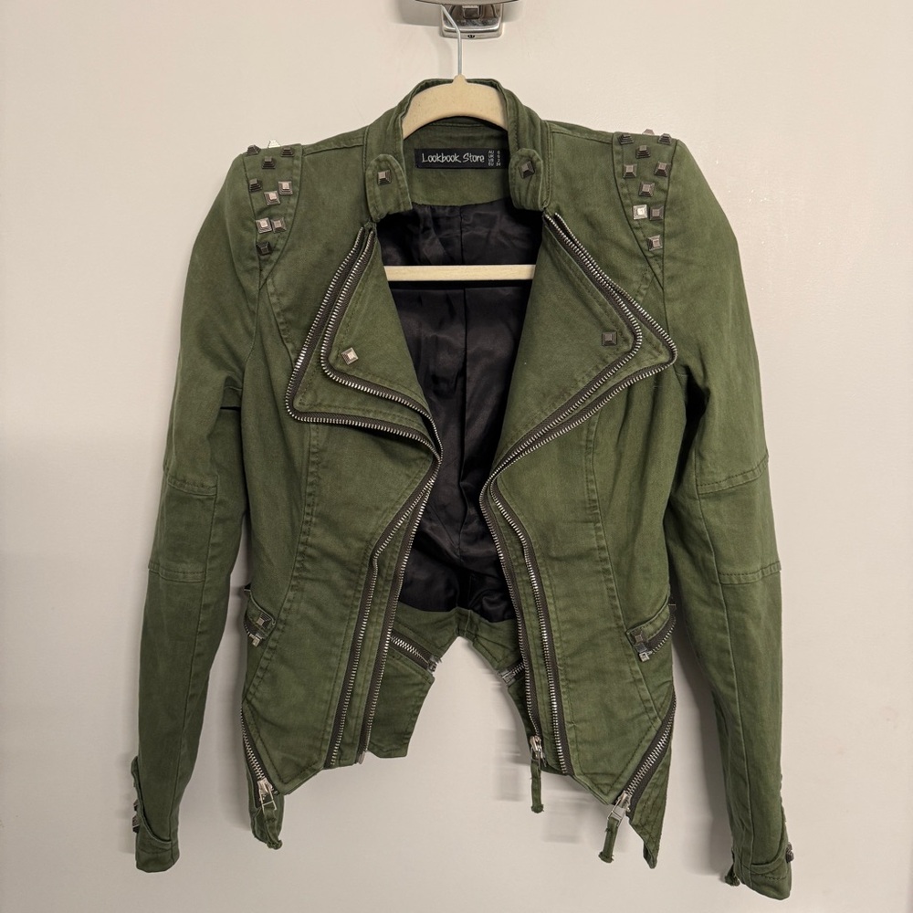 Studded Moto Jacket in Olive Green